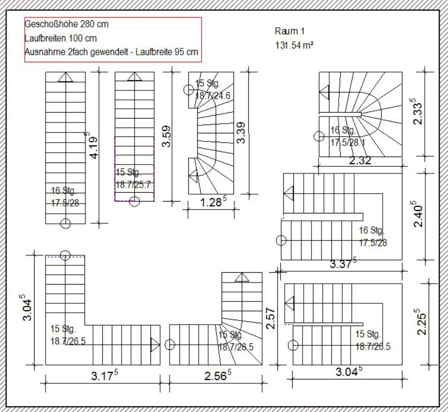 Technischer Grundriss eines Gebäudes mit Treppen, Maßangaben, Raum 1 (131,54 m²).
