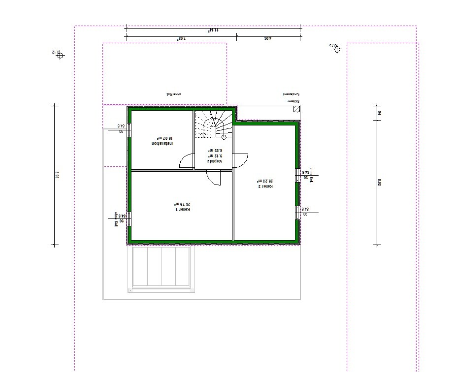 Grundriss eines Hauses mit Treppe, Innenwänden, Türen und grüner Außenwand.