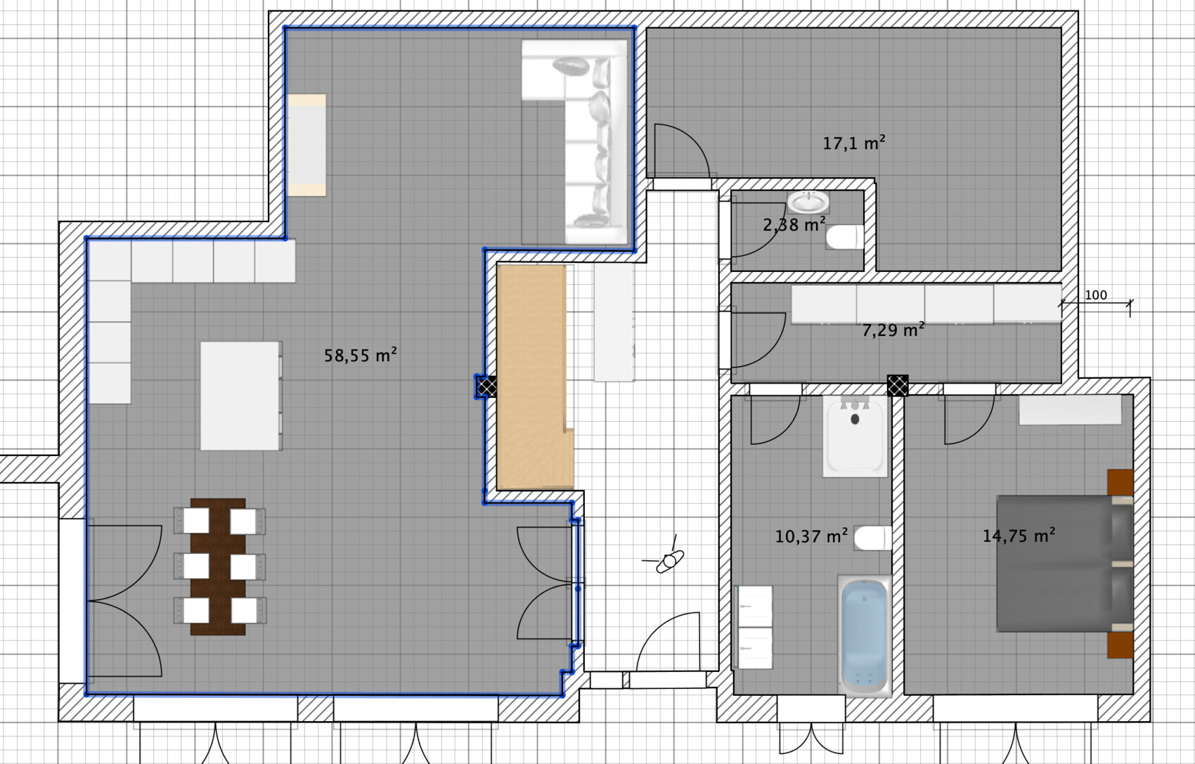 Grundriss eines Hauses mit offenem Wohn-/Essbereich, Kücheninsel, Flur, Bad und Schlafzimmer.