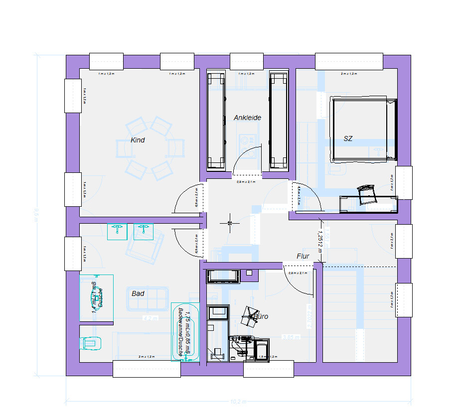 Grundriss eines Apartments: Kind, Ankleide, SZ, Bad, Büro, Flur.