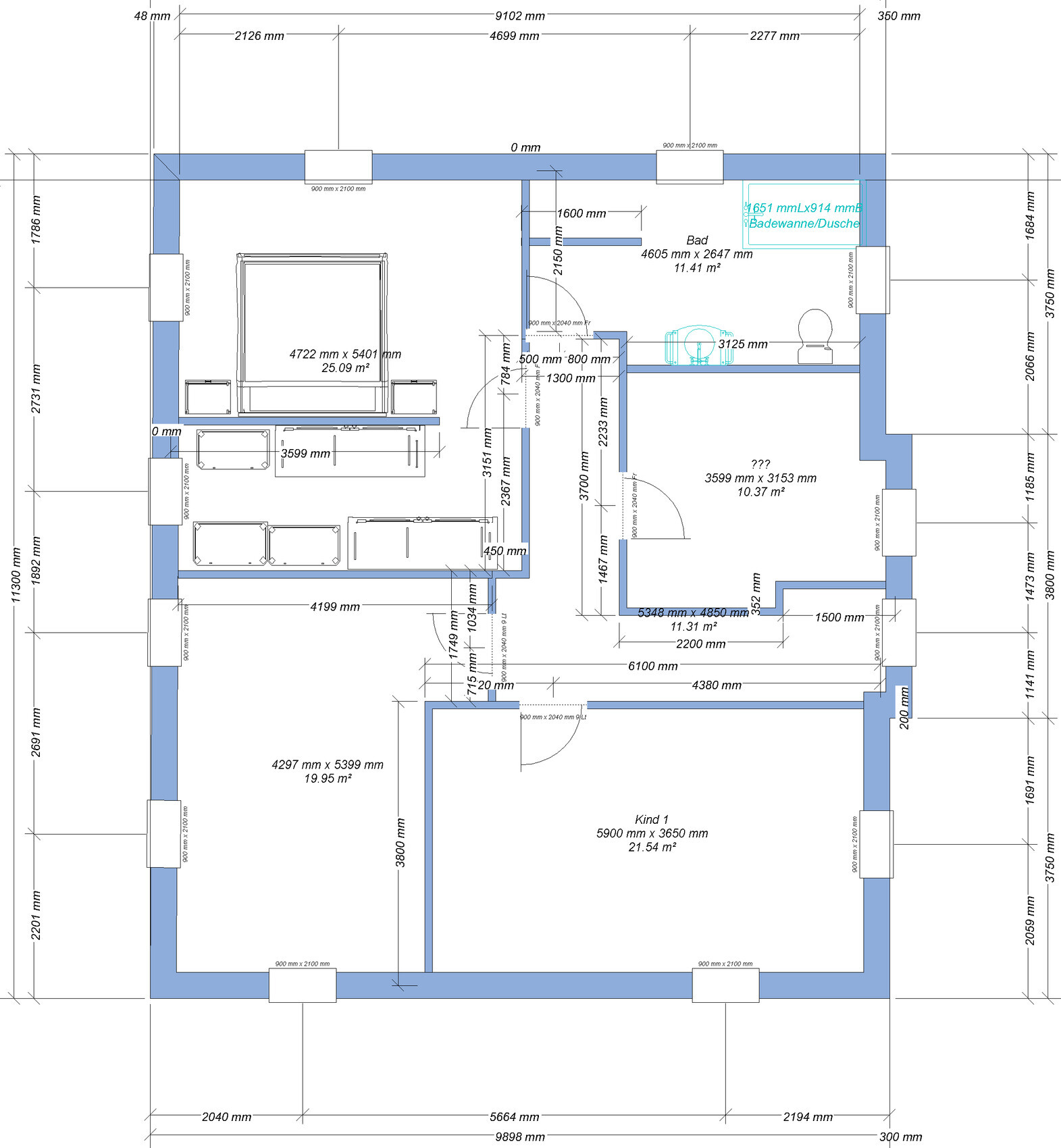 Grundriss eines Wohnhauses: Schlafzimmer mit Bett, Wohnzimmer, Kinderzimmer, Bad, Flur; Maße in mm.