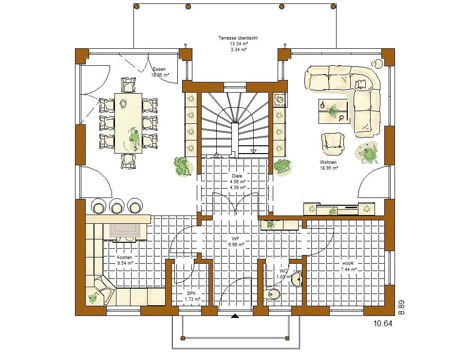 Grundriss eines Hauses mit Treppe, Wohnzimmer, Küche, Esszimmer, Diele, Terrasse.