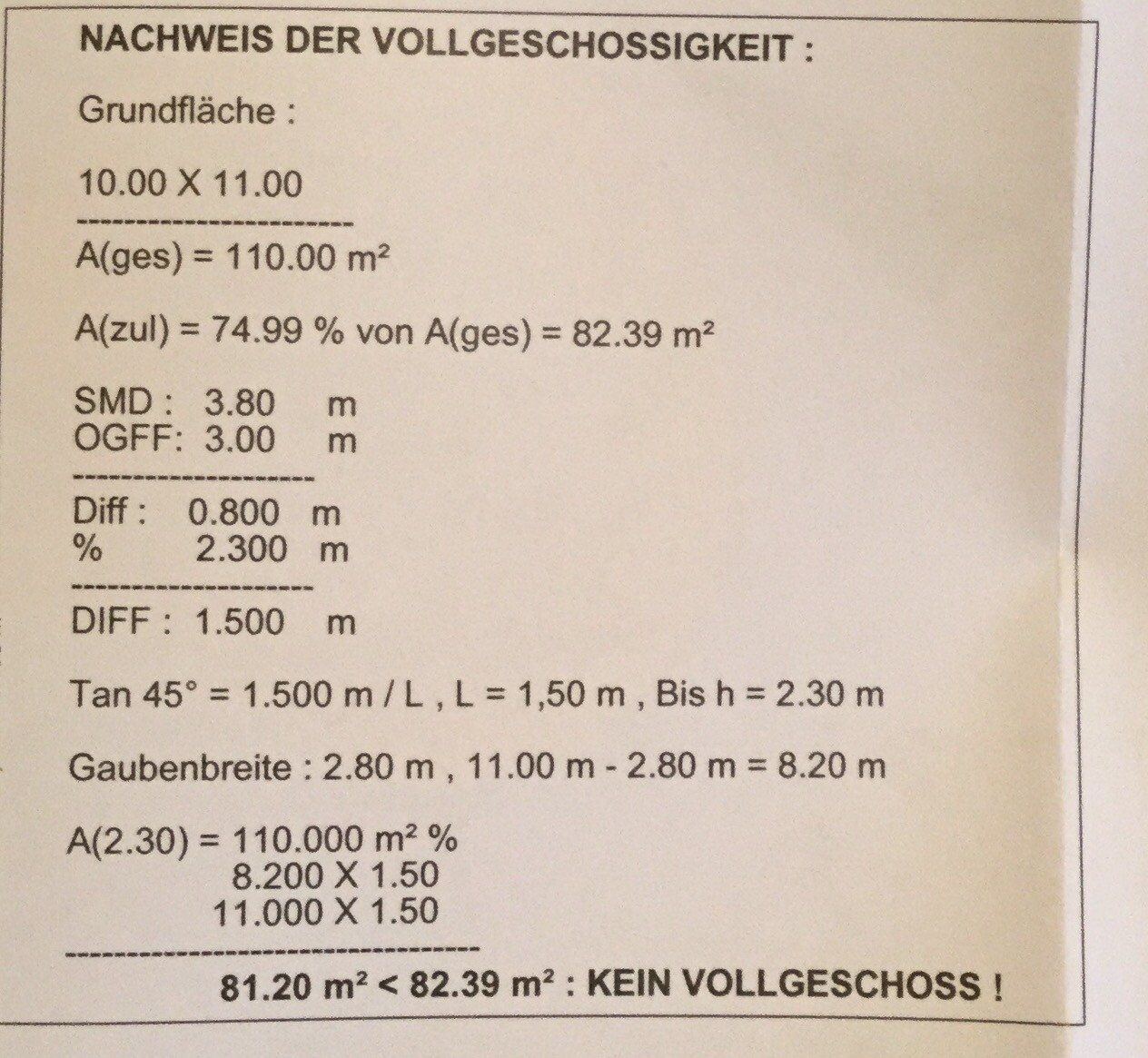 Dokument mit Grundflächenberechnung und Vollgeschoss-Nachweis