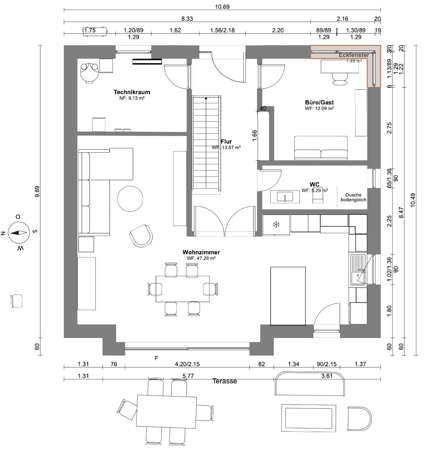 Grundriss Erdgeschoss: Treppe in Mitte, Wohnzimmer, Küche, Technikraum, Büro/Gast, WC, Terrasse