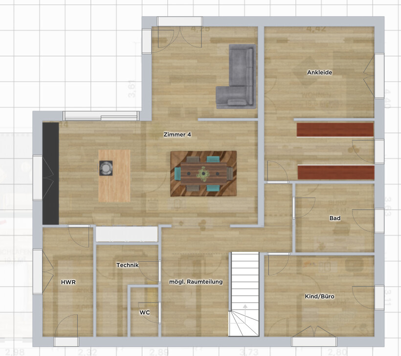 Grundriss eines Hauses: Zimmer 4, Ankleide, Bad, Kind/Büro, Technik, HWR, WC.