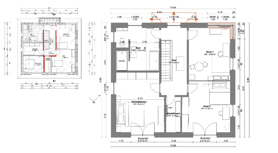 2D-Grundriss eines Hauses mit mehreren Zimmern, Türen und Maßlinien