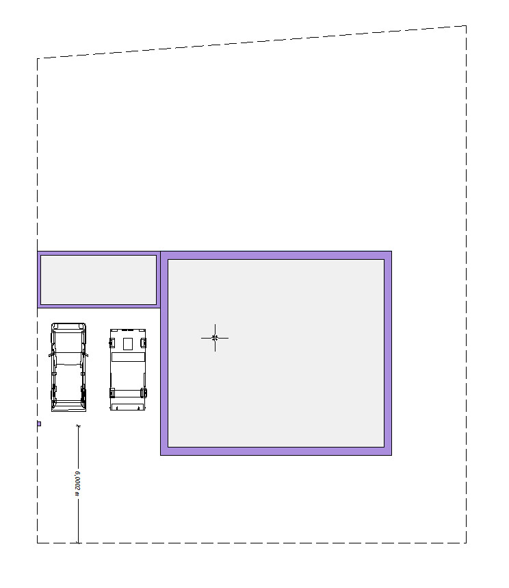 Lageplan: Große Halle rechts, zwei Autos links, Anbau oben links, gestrichelte Grundstücksgrenze.