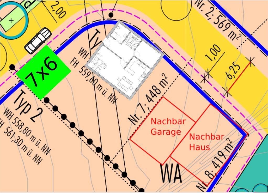 Lageplan eines Baugrundstücks mit Hausumriss, Zufahrt und Nachbargrundstücken