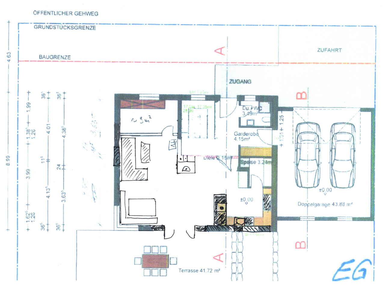 Grundriss eines Hauses mit Doppelgarage, Terrasse und offener Wohnküche.