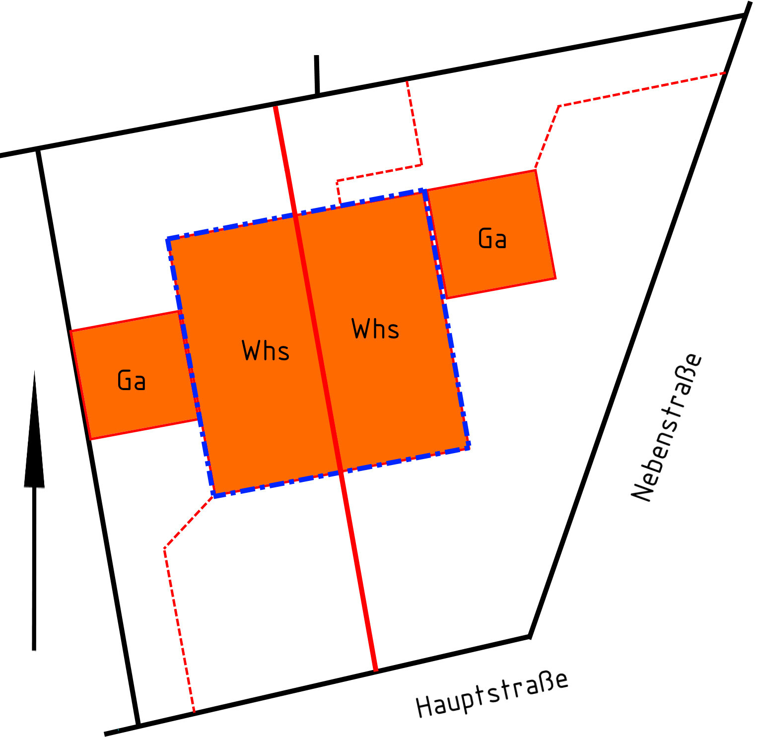 Lageplan eines Grundstücks mit zwei zentralen Whs-Gebäuden, Ga-Randbauten, Haupt- und Nebensstr.
