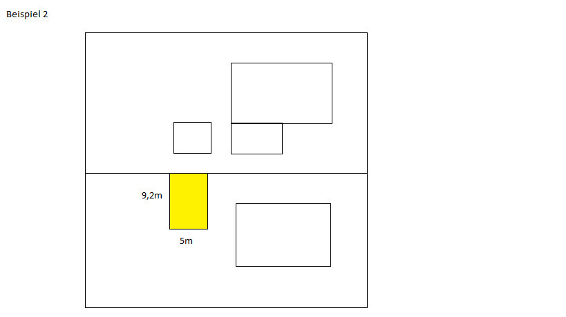 Großes Rechteck, horizontal geteilt; oben weiße Rechtecke, unten links gelbes Rechteck 9,2 m x 5 m.