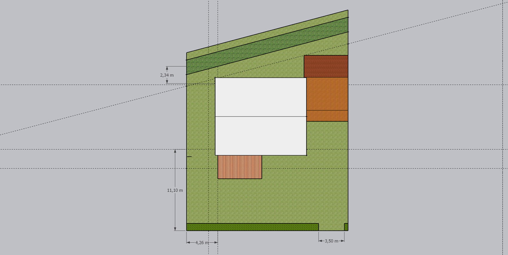 Lageplan eines Gartens: grüner Rasen, zentrales weißes Gebäude, braune Terrasse und orange Bauteile.