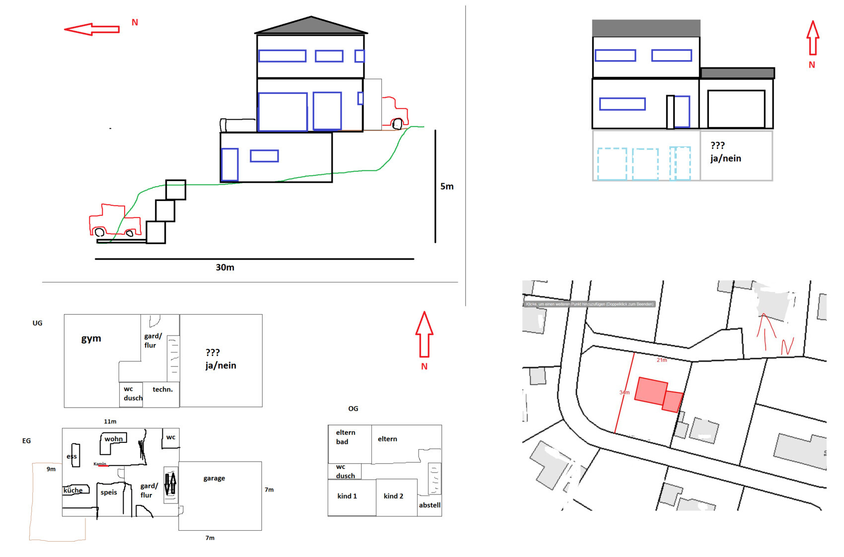 Architektur-Entwurf: Haus auf Hang, Grundrisse UG/EG/OG, Außenansicht, Lageplan.
