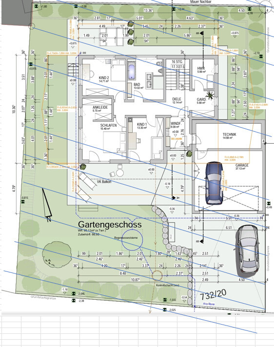 Lageplan eines Hauses mit Grundstück, Garten und Garagenbereich