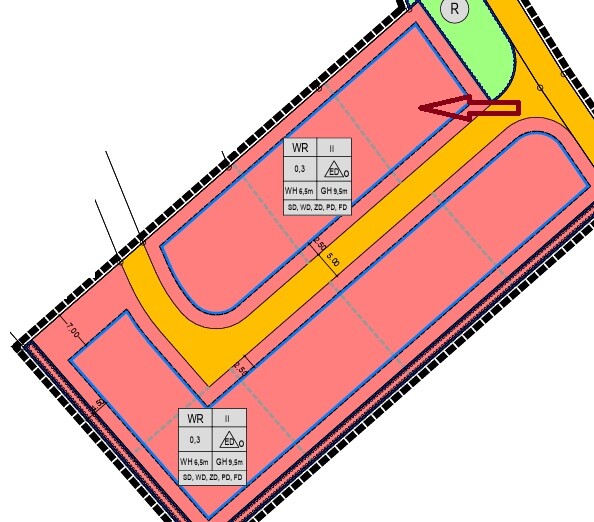 Lageplan einer Sportanlage: pinke Laufbahn, gelb markierter Weg, blaue Linien, Pfeil.