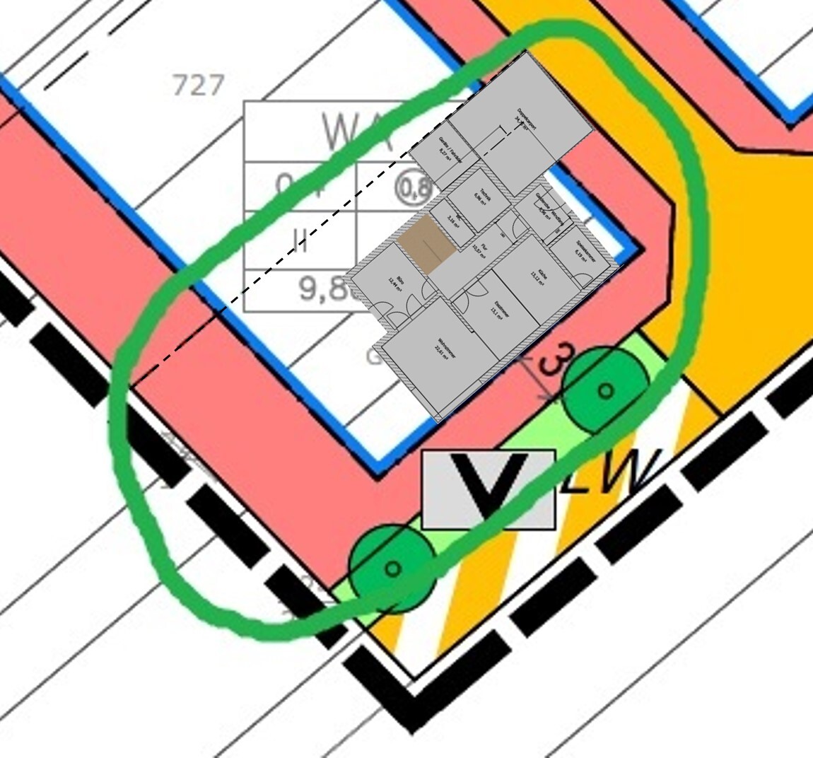 Grün umkreiste Bauplan-Szene mit überlagertem Grundriss und farbigen Zonen.