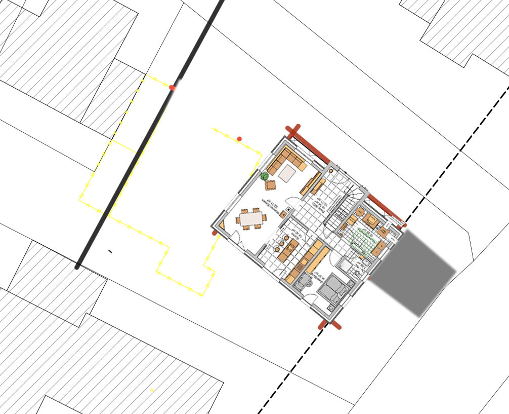 Grundriss eines Hauses auf einem Lageplan mit gelbem Wegverlauf um das Gebäude.