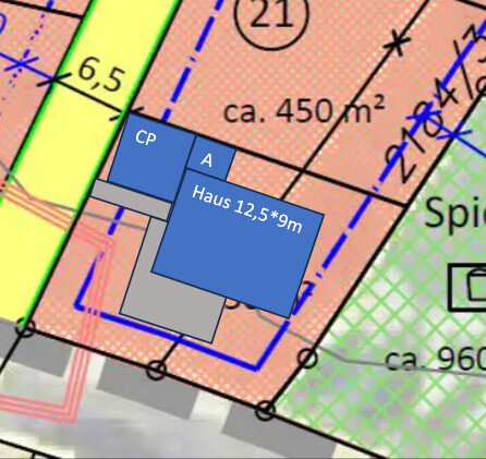 Grundriss eines Baugrundstücks mit Hausumriss und Maßangaben ca. 450 m²
