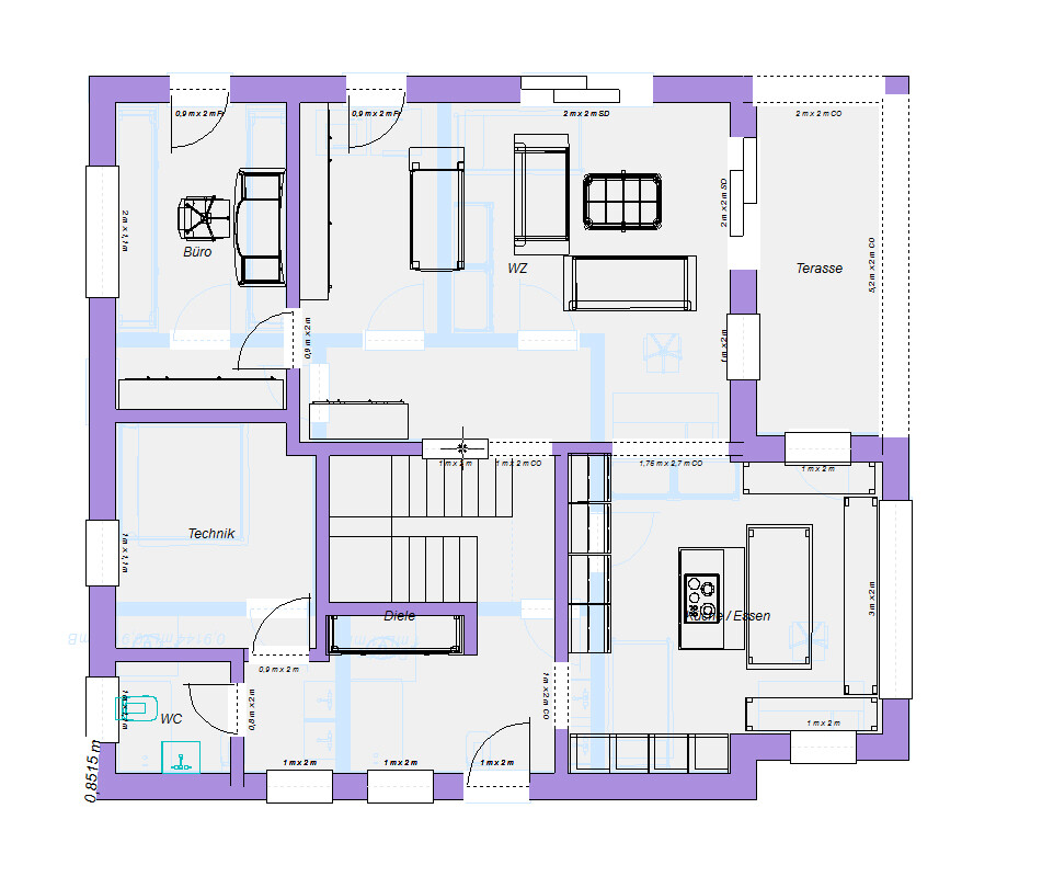 Grundriss eines Wohnhauses mit Wohnzimmer, Küche, Büro, Technik, Diele, WC und Terrasse.