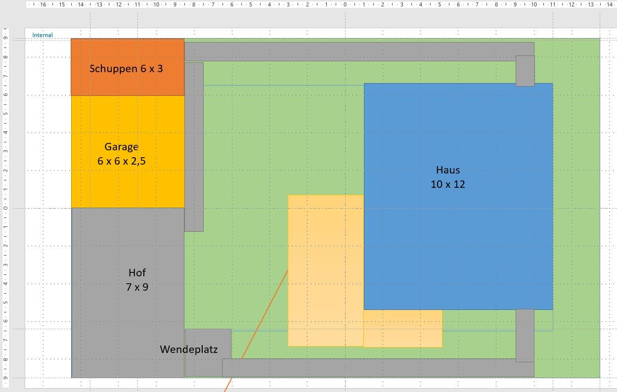 Grundriss: Haus 10x12, Garage 6x6, Schuppen 6x3, Hof 7x9, Wendeplatz.
