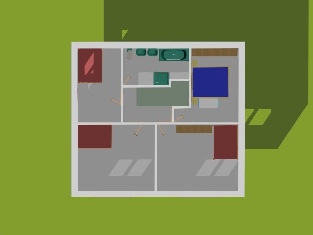 Top-Down Grundriss eines Hauses mit mehreren Zimmern und Möbeln