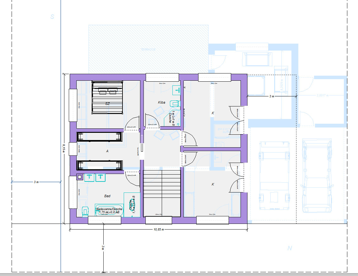 Grundrissplan eines Hauses mit Küche, Bad, Wohnzimmer und Garage