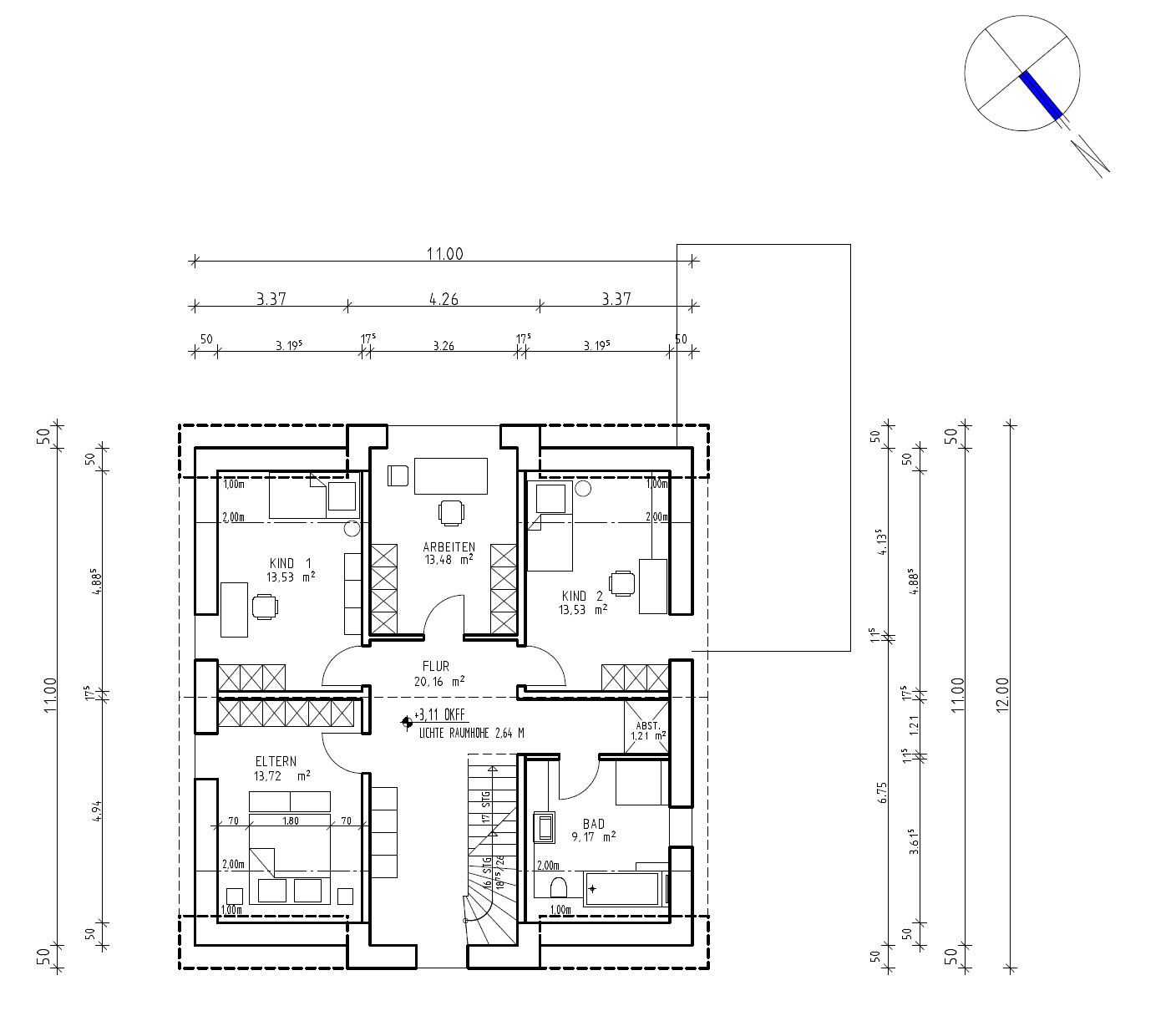 Grundrissplan eines Hauses mit Flur, Schlafzimmern, Bad und Küche