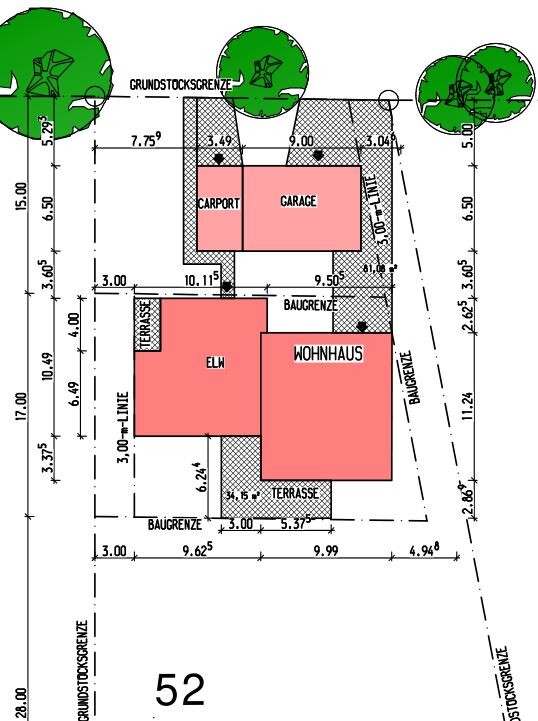 Lageplan: ELW und Wohnhaus in Rot, Carport, Garage, Bäume, Grundstücksgrenze, Maße.