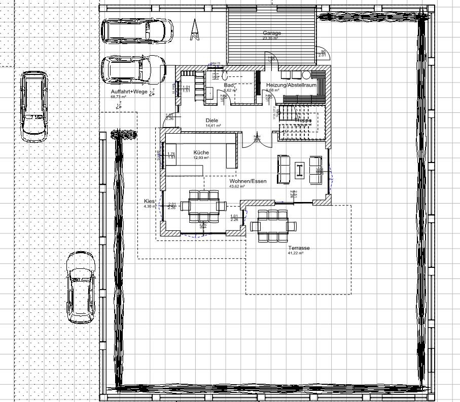 Grundriss eines Hauses mit Garage, Terrasse und Wohnbereich