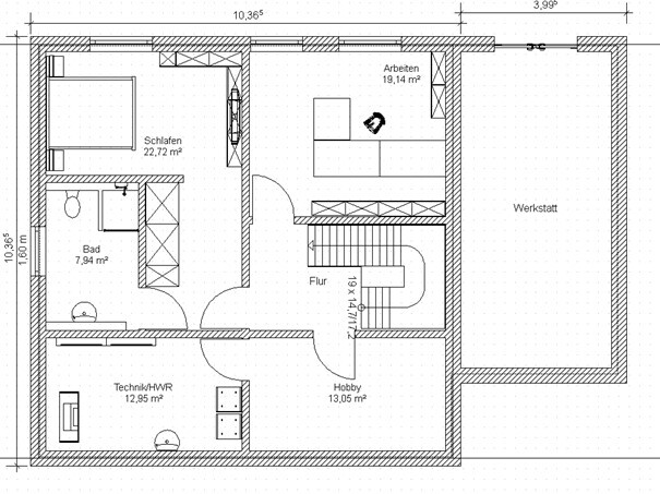 Grundriss eines Hauses: Schlafen, Bad, Technik/HWR, Hobby, Arbeiten, Werkstatt, Flur, Treppe.