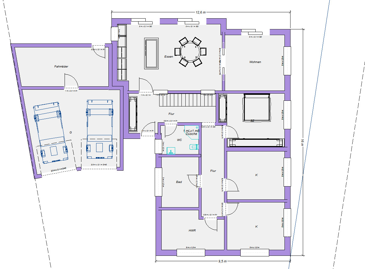 Grundriss eines Hauses: Wohnen, Essen, Kochen, Flur, Bad, WC, HWR, Schlafzimmer, Garage.