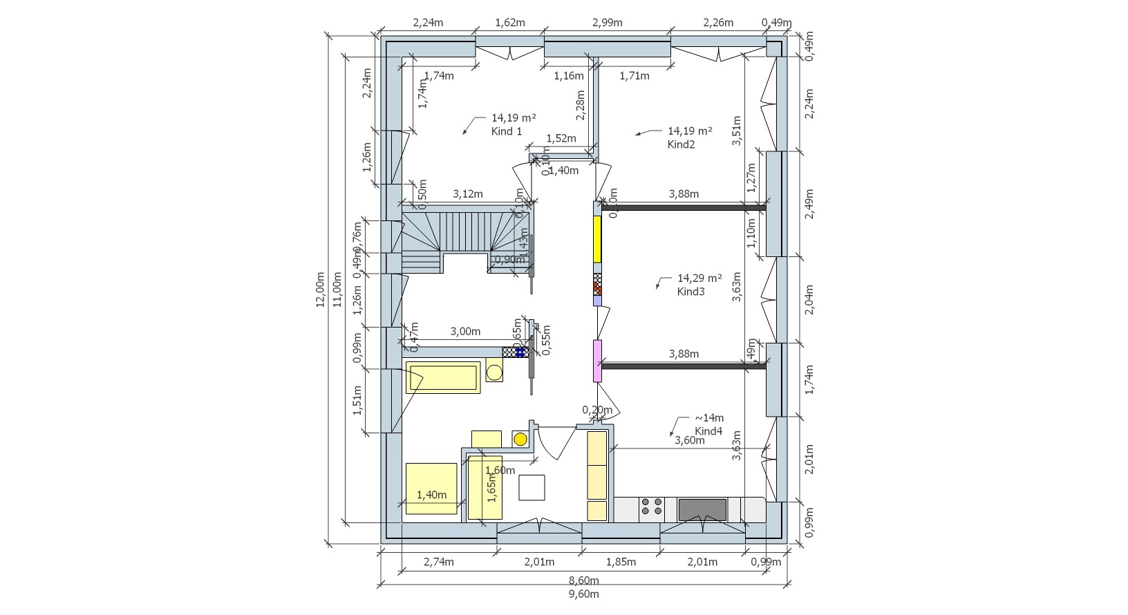 Grundriss eines Hauses mit Küche, Wohnzimmer, mehreren Kinderzimmern, Treppen und Maßen.