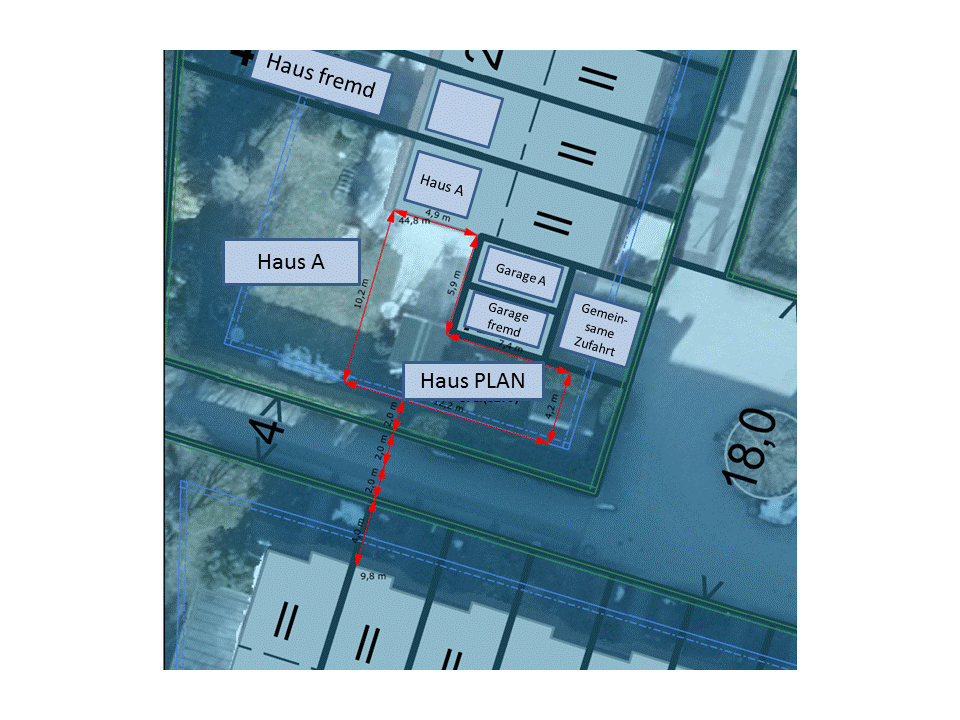 Lageplan: Haus PLAN, Haus A, Garagen, rote Pfeile zeigen Zufahrt zum Grundstück.