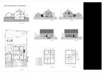 Architekturzeichnungen: Grundrisse, Ansichten und Elevationspläne eines Hauses.