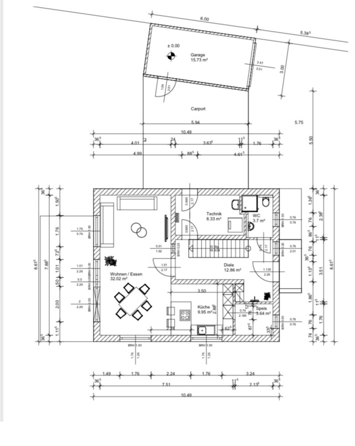 Grundriss eines Einfamilienhauses mit Küche, Wohnen, Diele, Bad und Garage