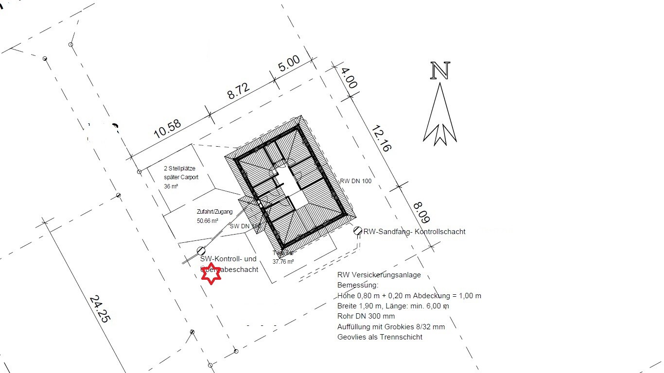 Architekturgrundriss: Bauplatzplan mit Gebäudeumriss, Maßen und Nordpfeil