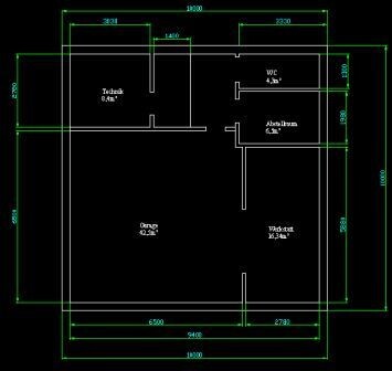 Zweidimensionale Grundrisszeichnung eines Hauses mit Raumaufteilung und grünen Maßlinien