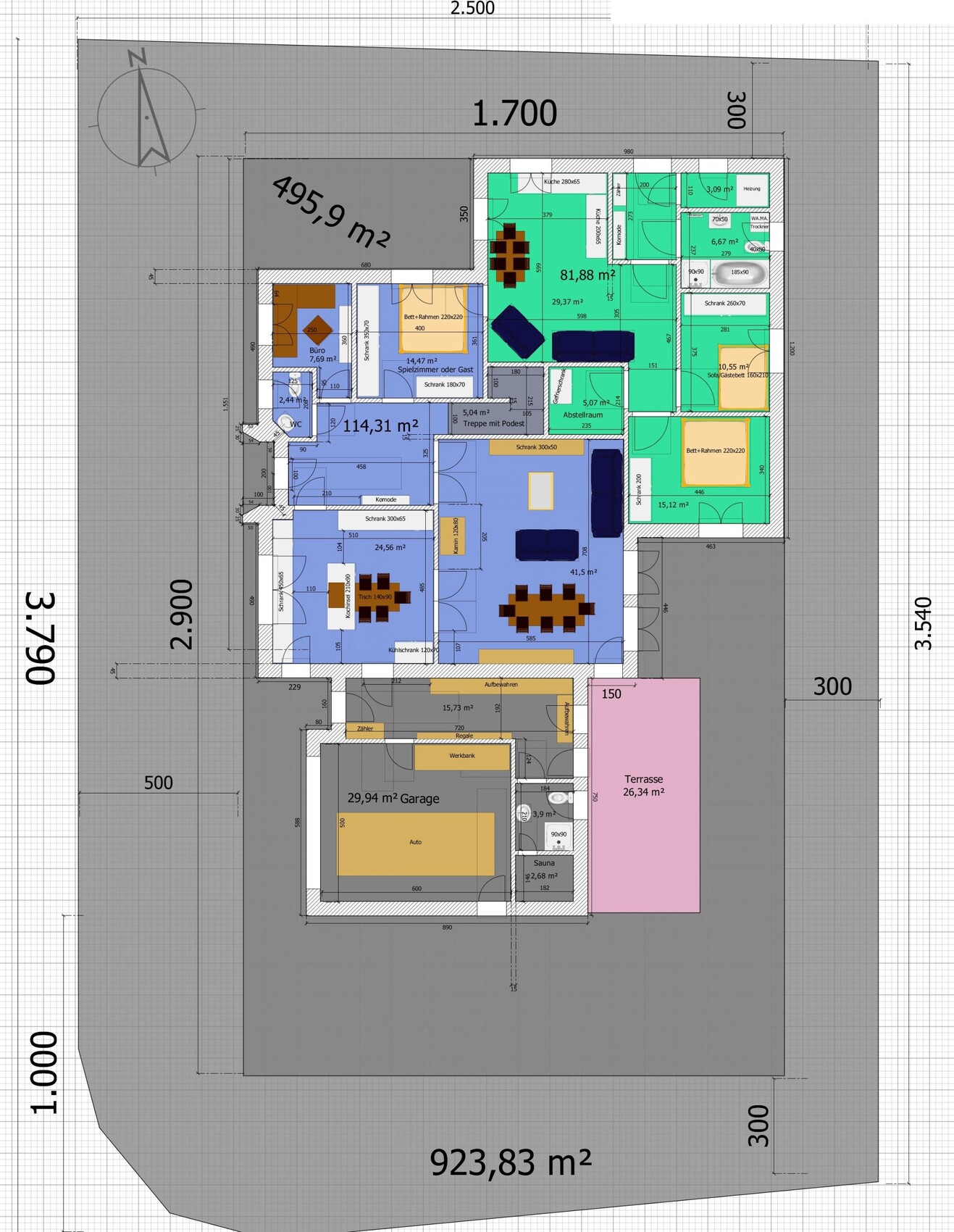 Grundriss eines Hauses mit farblich markierten Räumen, Möbeln, Terrasse und Garage.