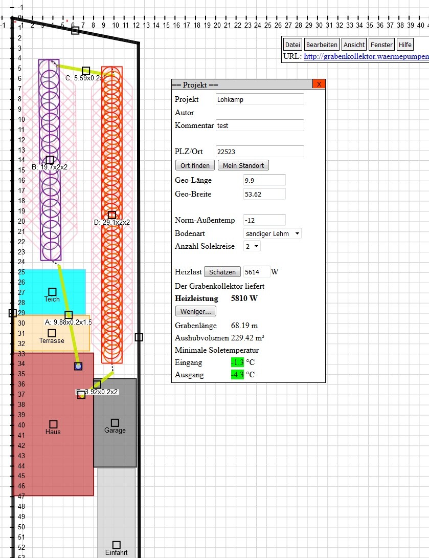 2D-Grundrissplan: Grundstück, Terrasse, Teich und Gebäudeanordnung