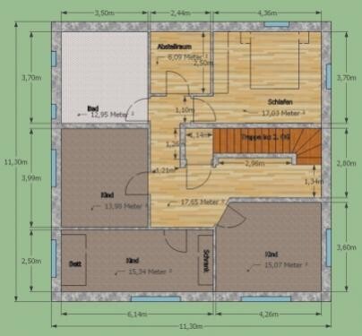 Grundrissplan eines Hauses mit Bad, Schlafen, Wohnen, Küche und Flur