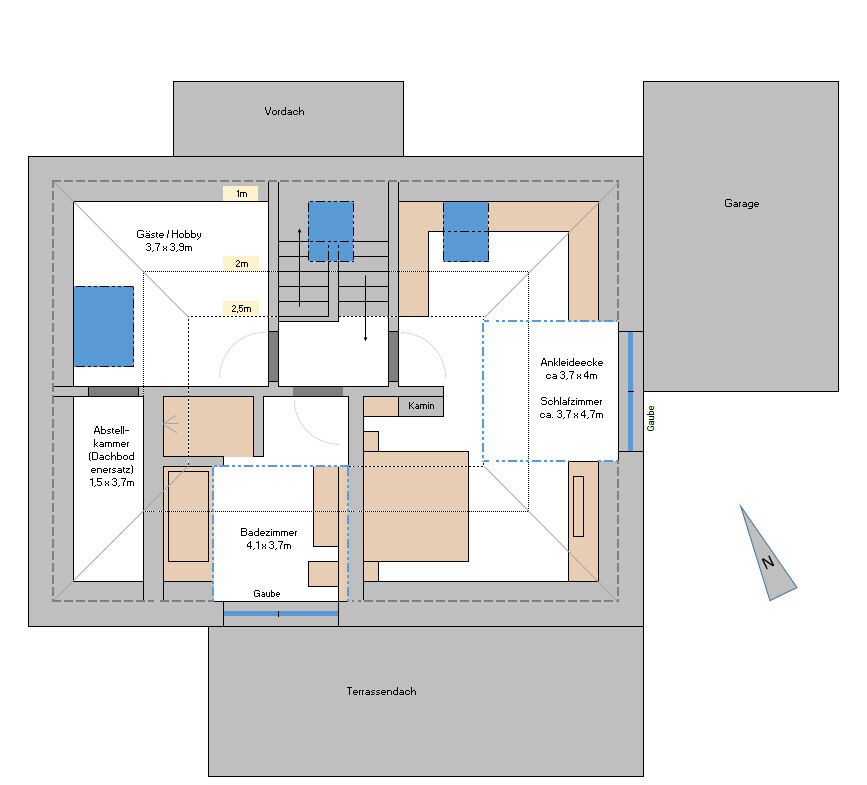 Detaillierter Grundriss eines Hauses mit Schlafzimmer, Badezimmer, Küche, Treppen und Terrasse