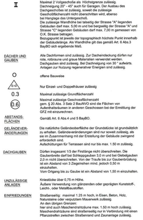 Technische Bauvorschriften zu Dachgauben, Abständen und Gebäudemaßen als Textdiagramm
