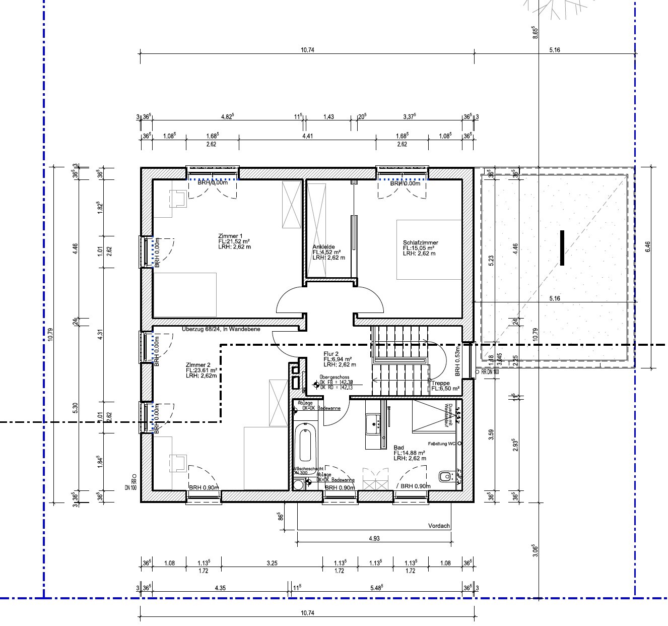 Grundrissplan eines Hauses mit Zimmern, Flur und Treppen, Maßlinien sichtbar