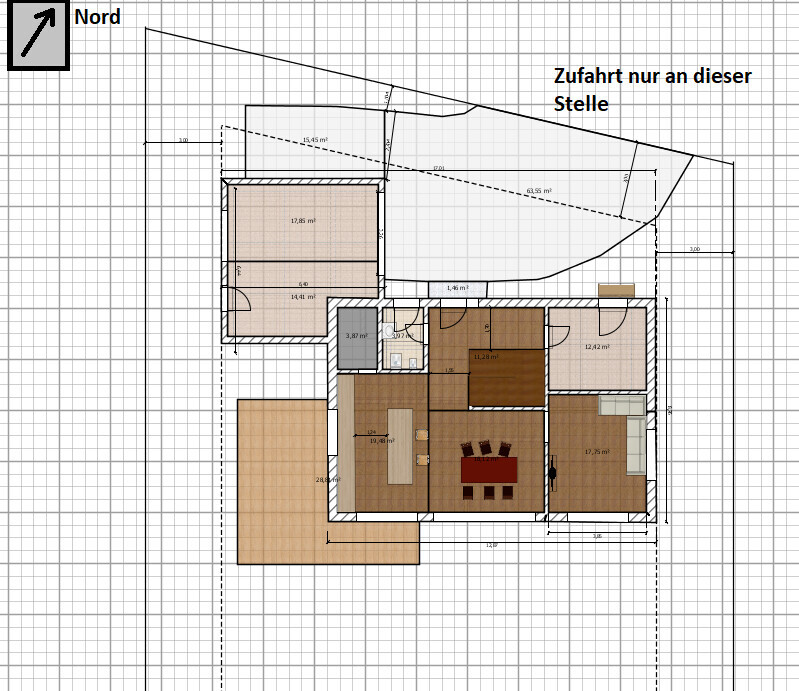 2D-Grundriss eines Wohnhauses mit Zimmern, Eingang und Terrasse