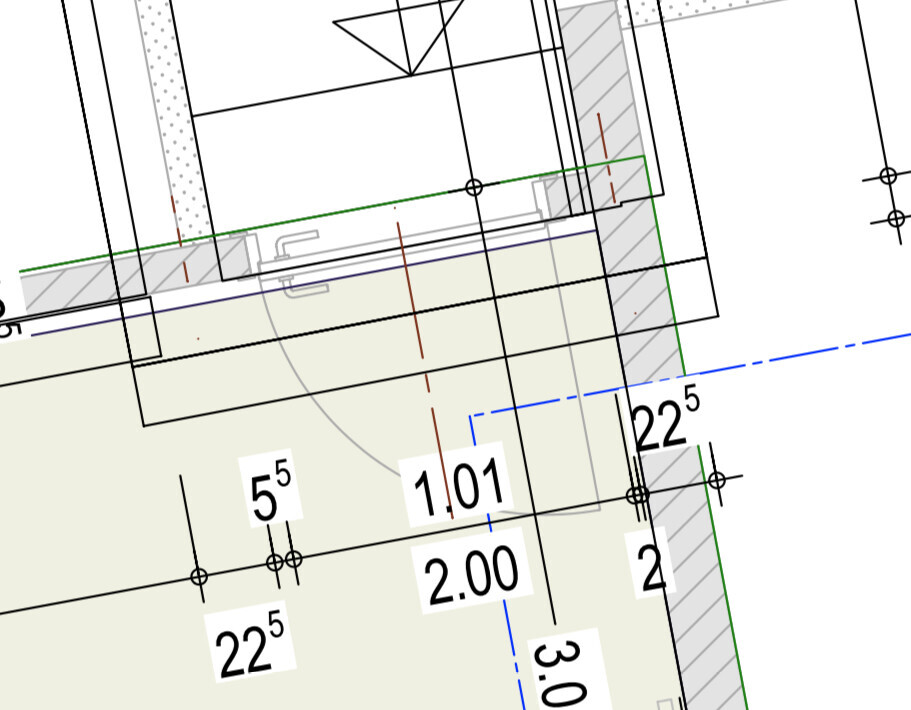 2D-Grundrissplan mit Wänden, Maßen und Raumnummern.