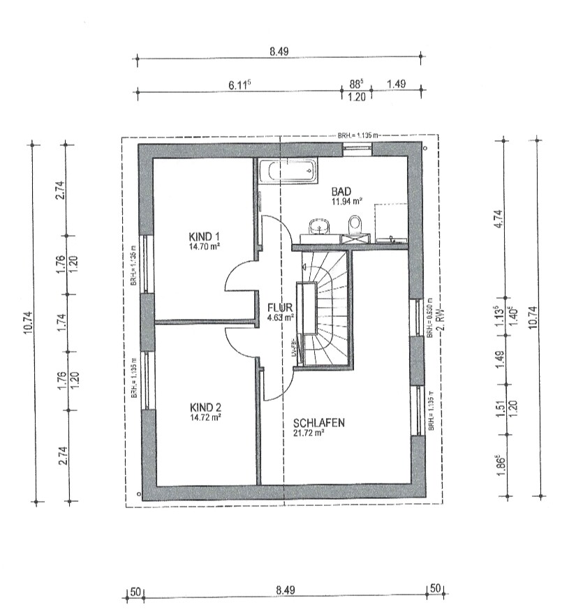 Grundriss Obergeschoss: Schlafen, zwei Kinderzimmer, Bad, Flur und Treppenhaus.
