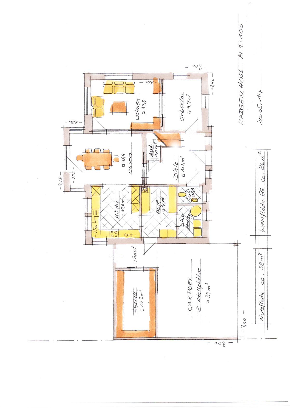 Handgezeichneter Hausgrundriss mit Küche, Wohnzimmer und Schlafzimmer