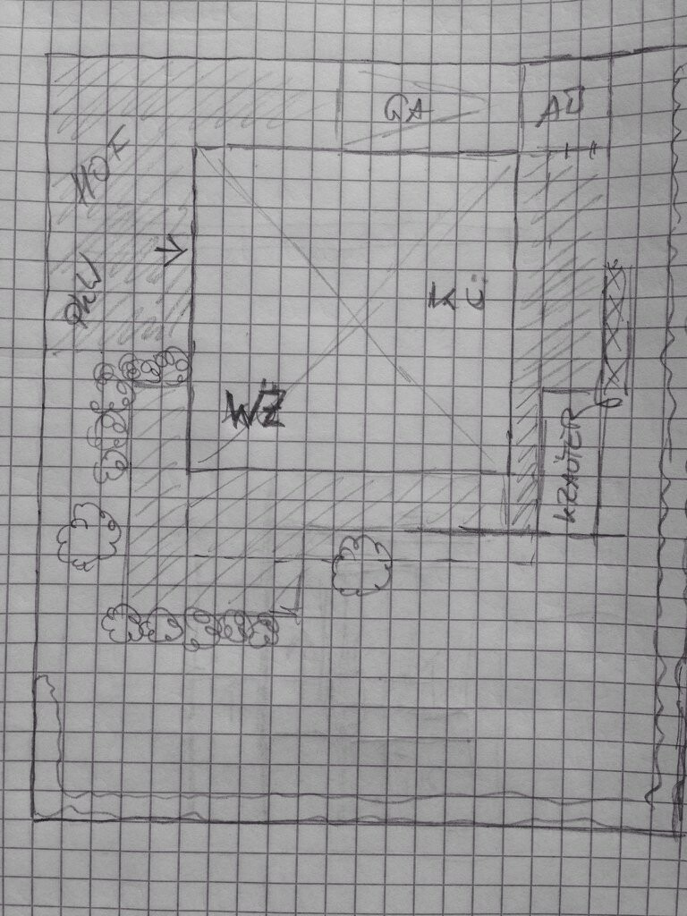 Handgezeichnete Grundrissskizze eines Hauses mit Wohnzimmer, Küche und WC