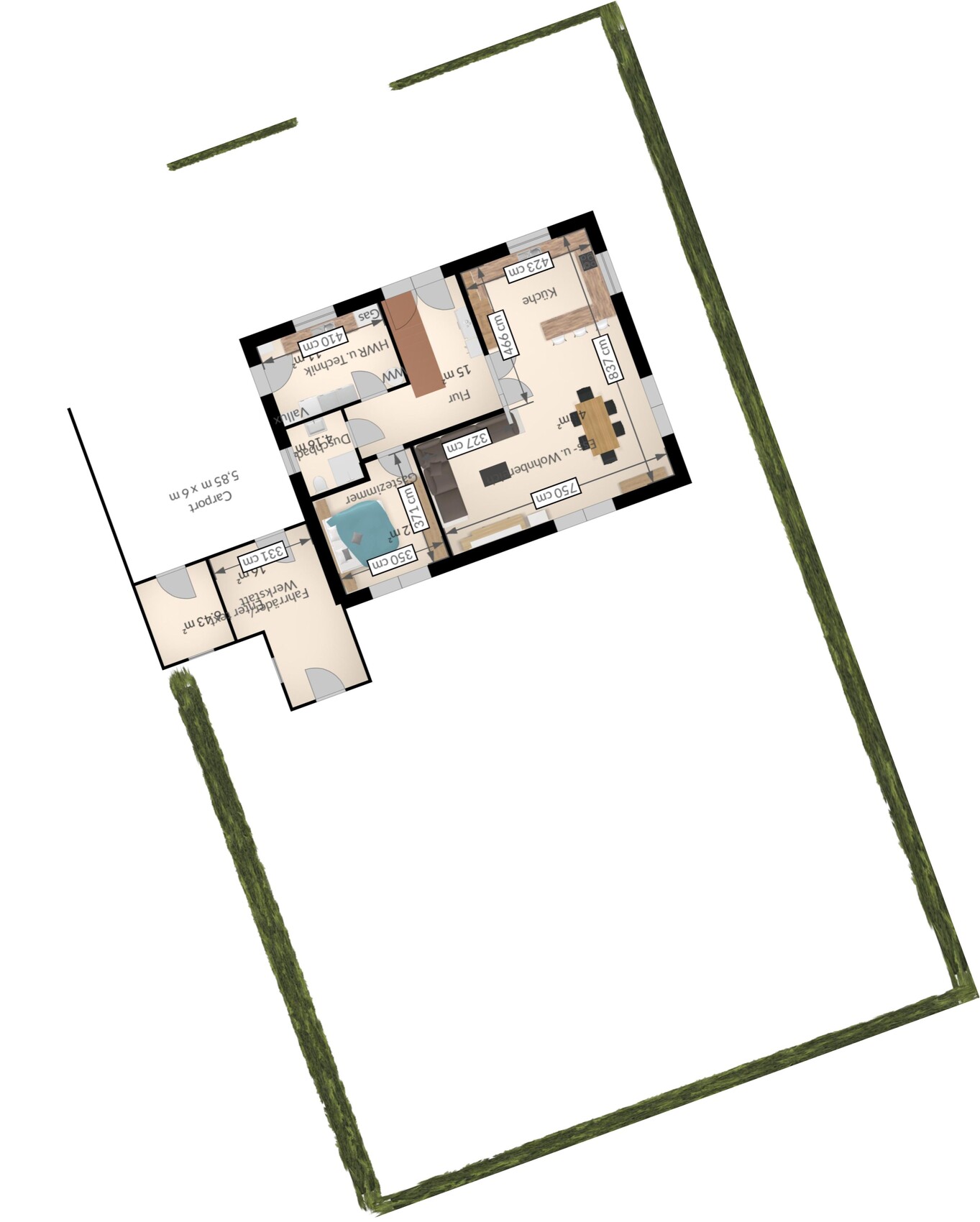 2D Grundriss eines Hauses mit mehreren Zimmern und Gartenbereich