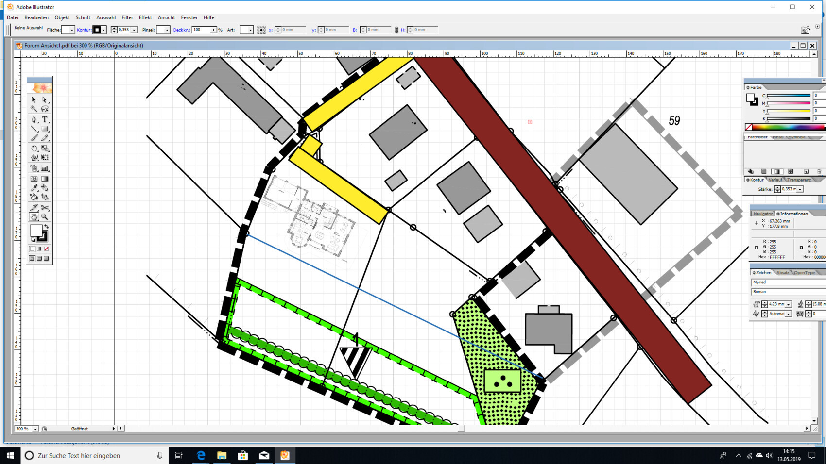 CAD-Plan eines Baugrundstücks mit Grundrisslinien, Gebäuden und Wegen.